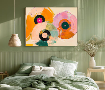 Horizontal Retro Vinyl Painting: Over Couch Wall Art For Music Room Record Decor