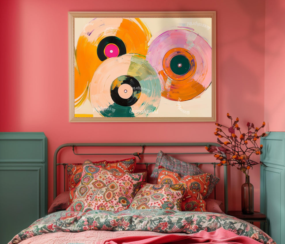 Horizontal Retro Vinyl Painting: Over Couch Wall Art For Music Room Record Decor