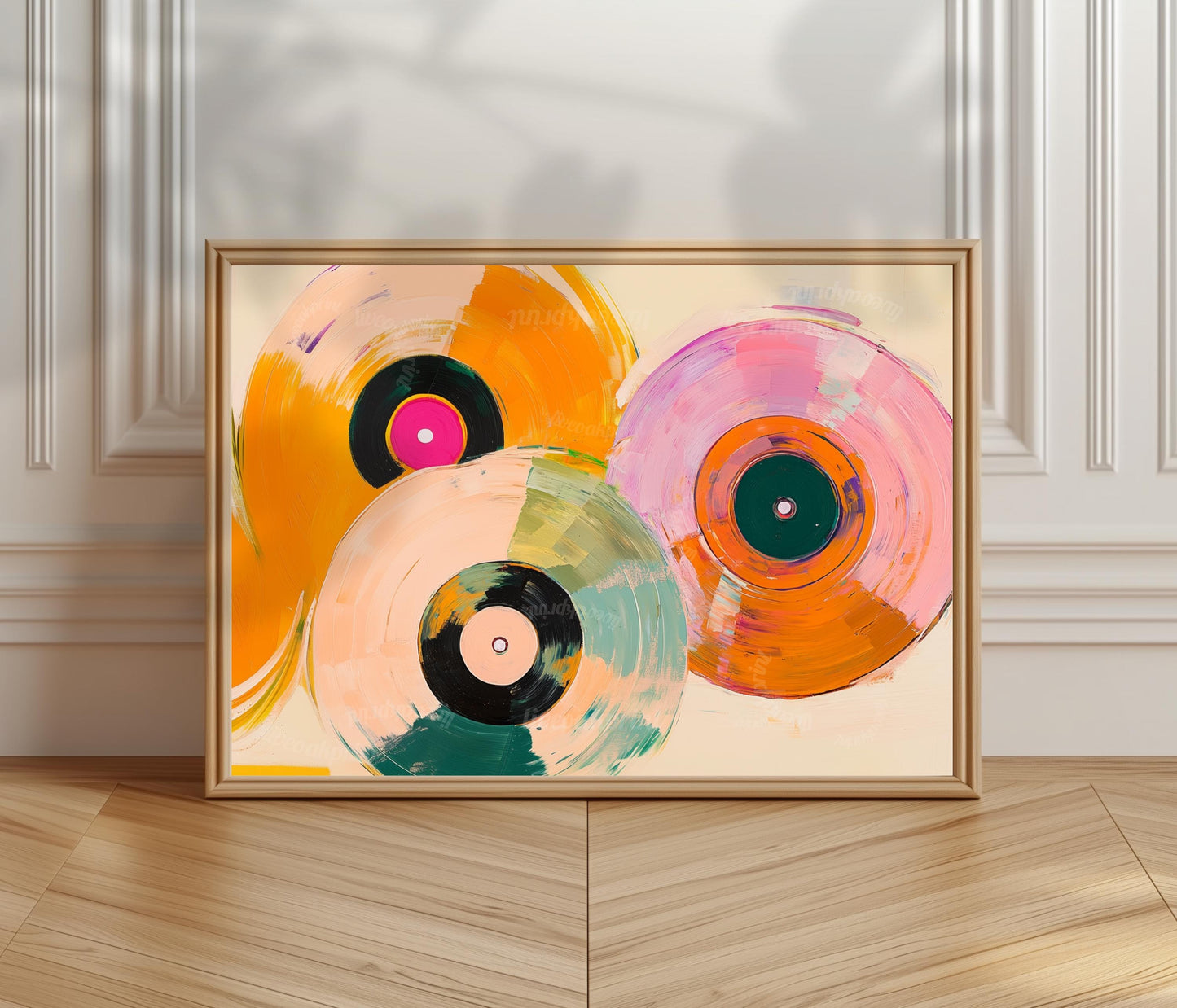 Horizontal Retro Vinyl Painting: Over Couch Wall Art For Music Room Record Decor