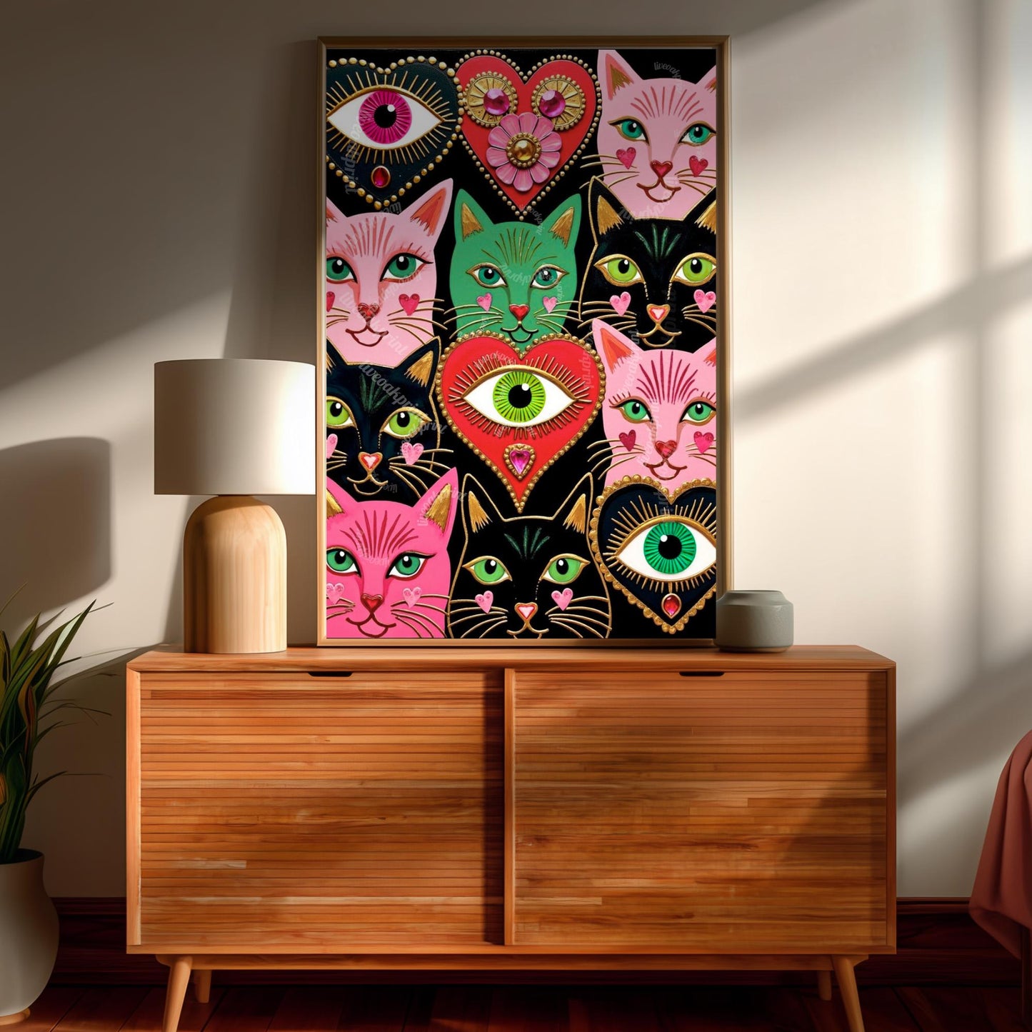 Colorful Cat Art Print : Pink and Green Sacred Hearts and Magical Cats Wall Decor