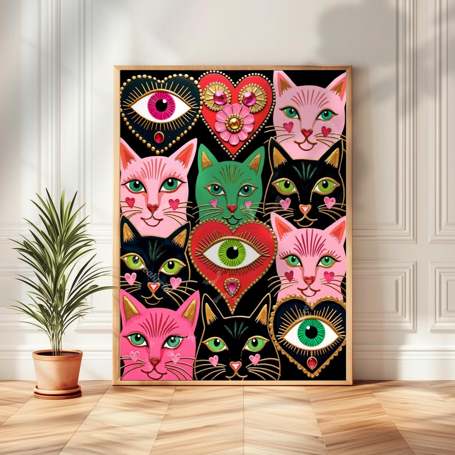 Colorful Cat Art Print : Pink and Green Sacred Hearts and Magical Cats Wall Decor