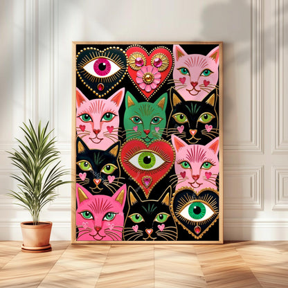 Colorful Cat Art Print : Pink and Green Sacred Hearts and Magical Cats Wall Decor