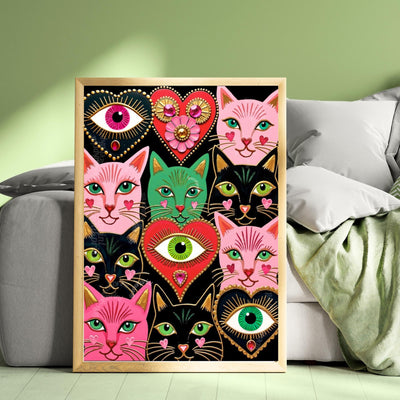 Colorful Cat Art Print : Pink and Green Sacred Hearts and Magical Cats Wall Decor