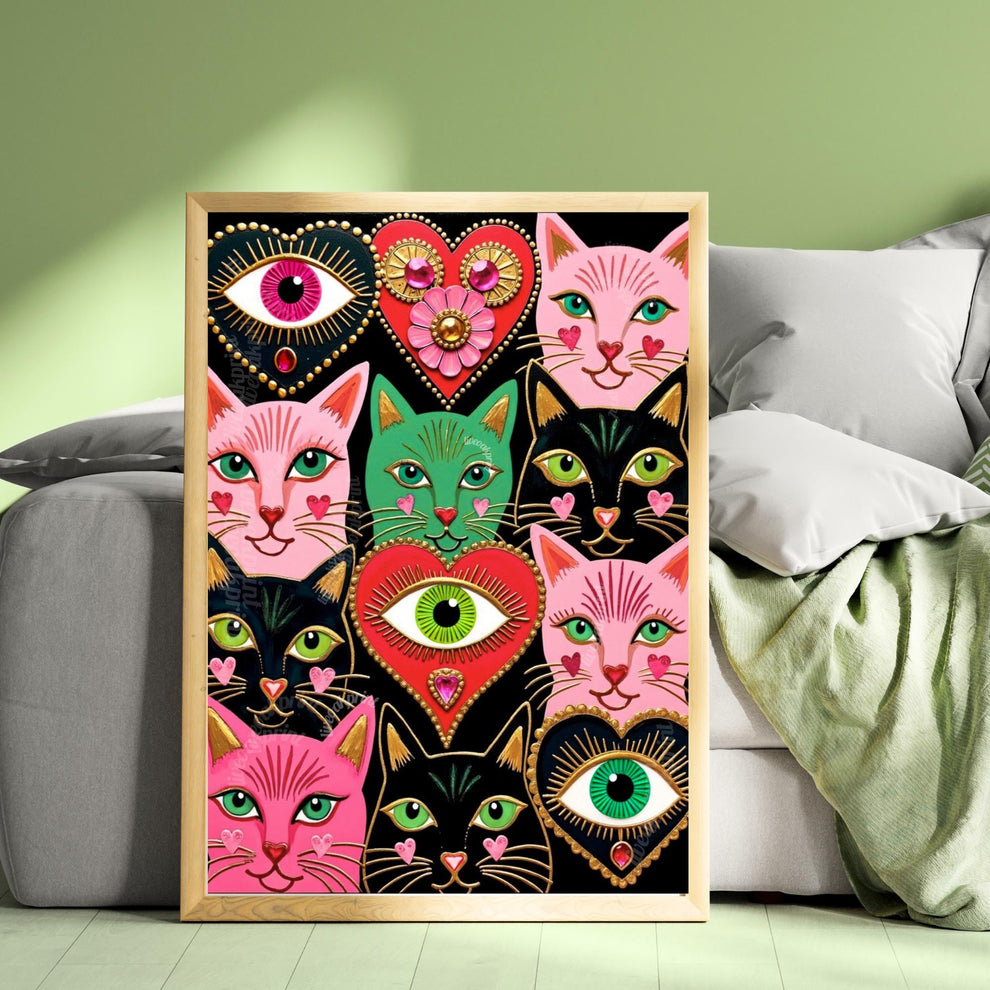 Colorful Cat Art Print : Pink and Green Sacred Hearts and Magical Cats Wall Decor