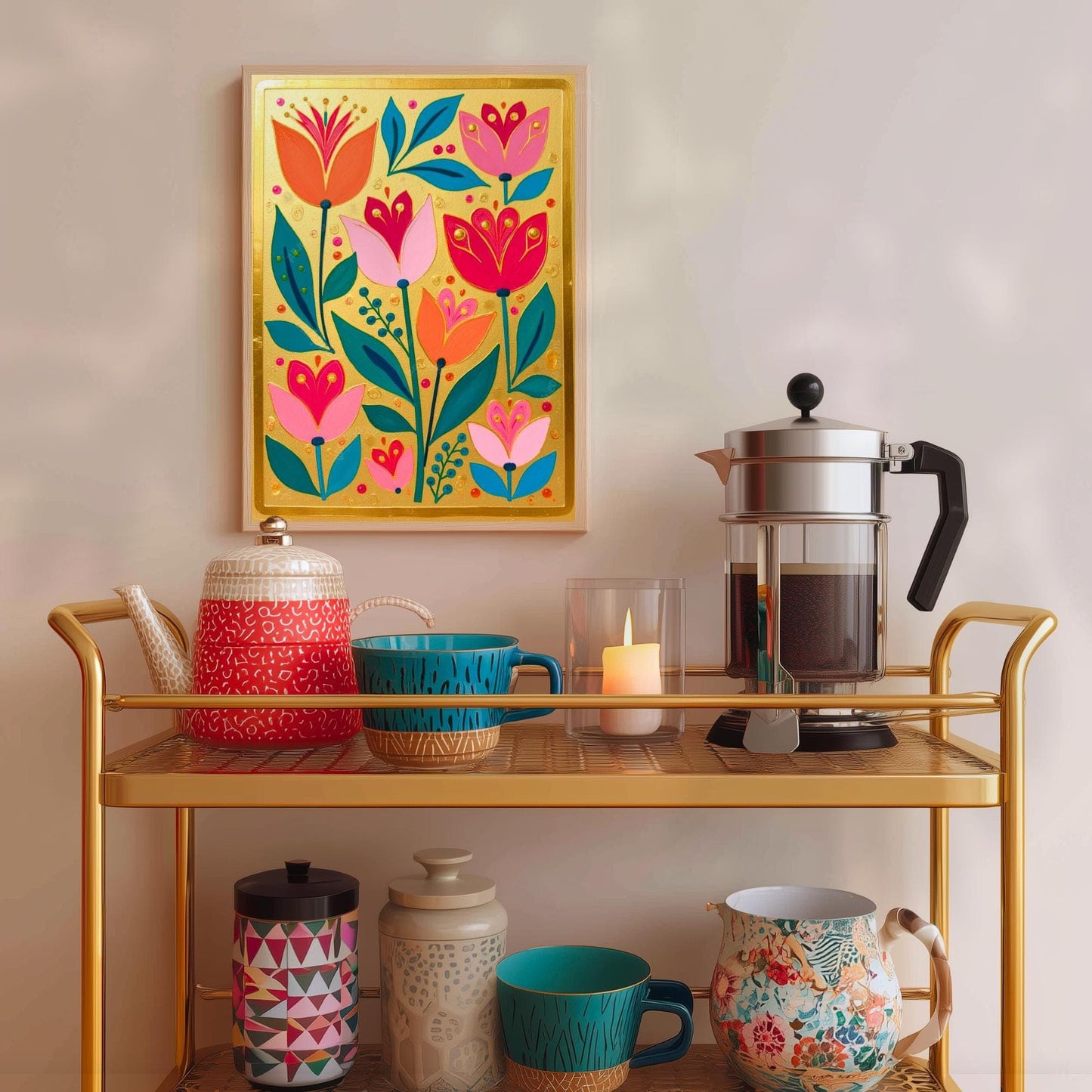 Gold Boho Nordic Flowers Print – Floral Scandinavian Modern Folk Wall Art