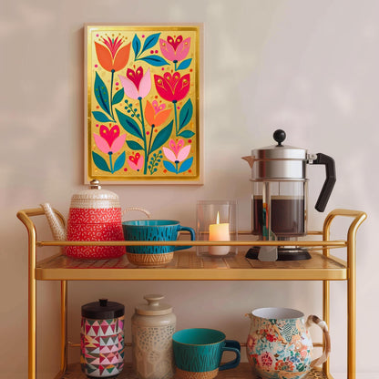 Gold Boho Nordic Flowers Print – Floral Scandinavian Modern Folk Wall Art