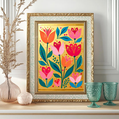 Gold Boho Nordic Flowers Print – Floral Scandinavian Modern Folk Wall Art