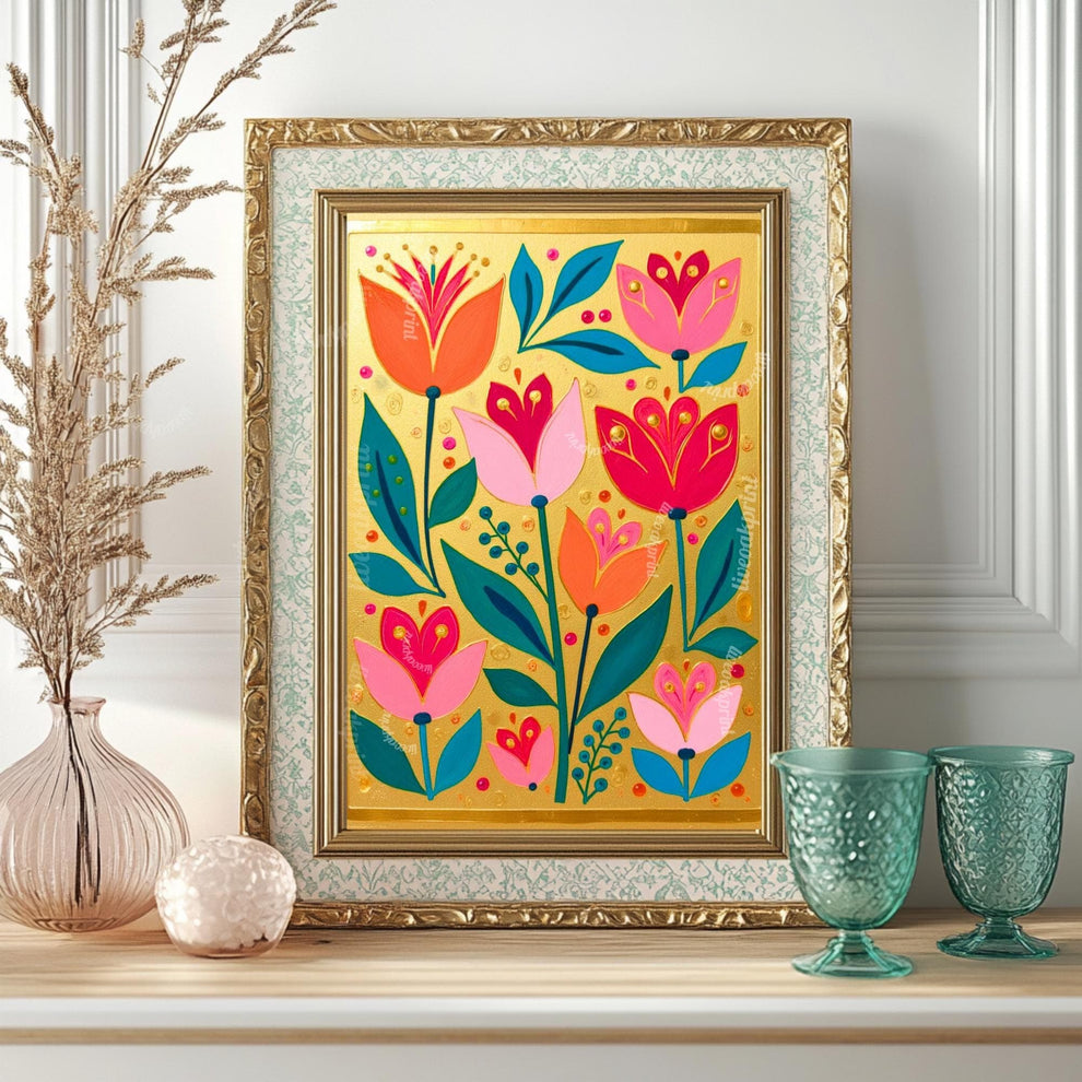 Gold Boho Nordic Flowers Print – Floral Scandinavian Modern Folk Wall Art