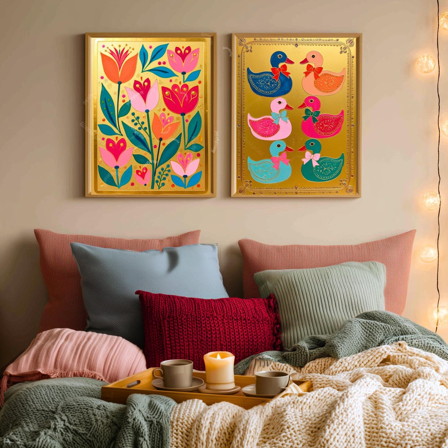 Gold Boho Nordic Flowers Print – Floral Scandinavian Modern Folk Wall Art