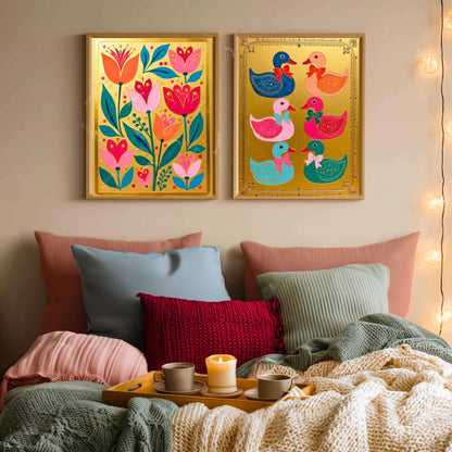 Gold Boho Nordic Flowers Print – Floral Scandinavian Modern Folk Wall Art