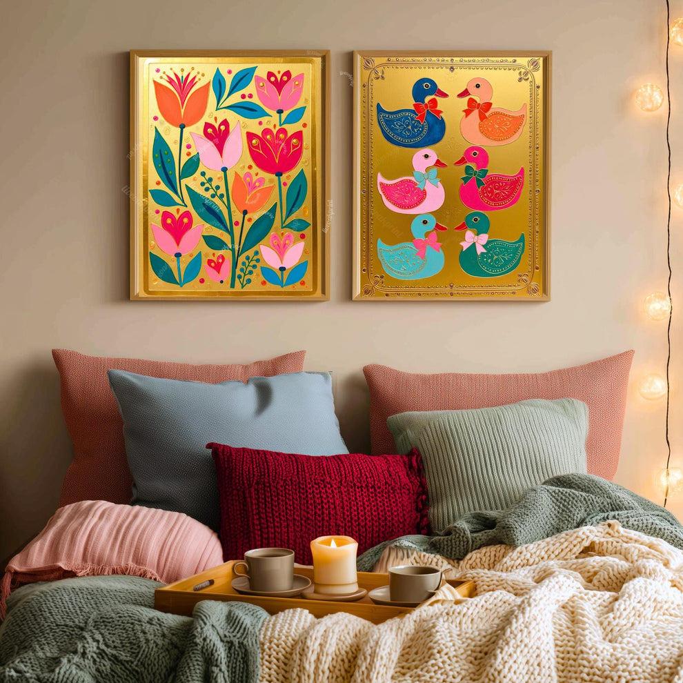 Gold Boho Nordic Flowers Print – Floral Scandinavian Modern Folk Wall Art