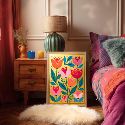 Gold Boho Nordic Flowers Print – Floral Scandinavian Modern Folk Wall Art