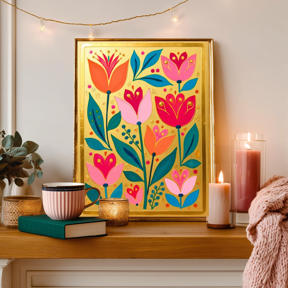Gold Boho Nordic Flowers Print – Floral Scandinavian Modern Folk Wall Art
