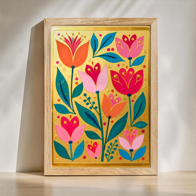 Gold Boho Nordic Flowers Print – Floral Scandinavian Modern Folk Wall Art