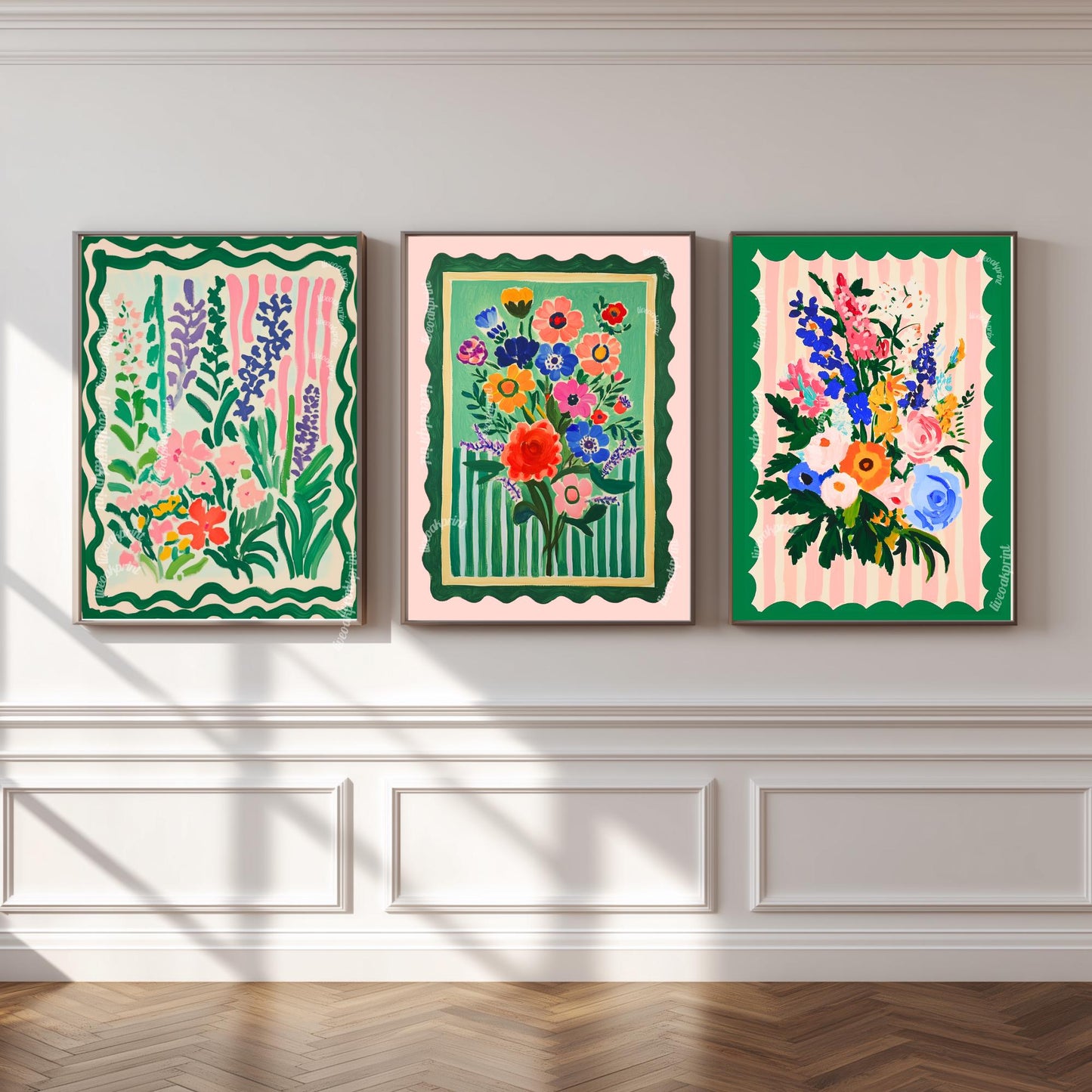 Set of Three Pink and Green Floral Art Prints : Triptych Wall Art Set Boho Dopamine Decor