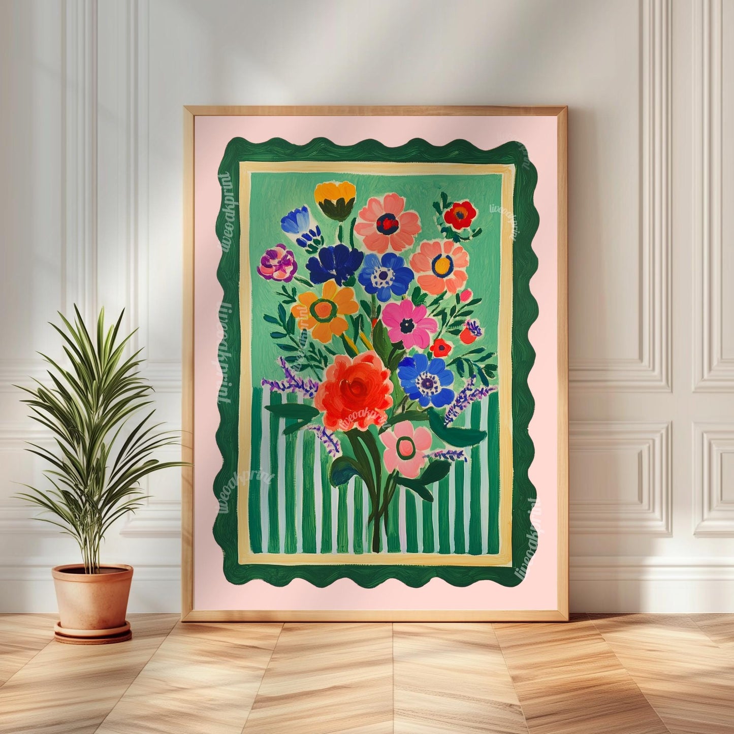 Set of Three Pink and Green Floral Art Prints : Triptych Wall Art Set Boho Dopamine Decor