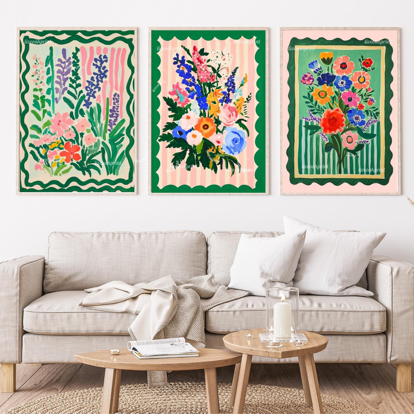 Set of Three Pink and Green Floral Art Prints : Triptych Wall Art Set Boho Dopamine Decor