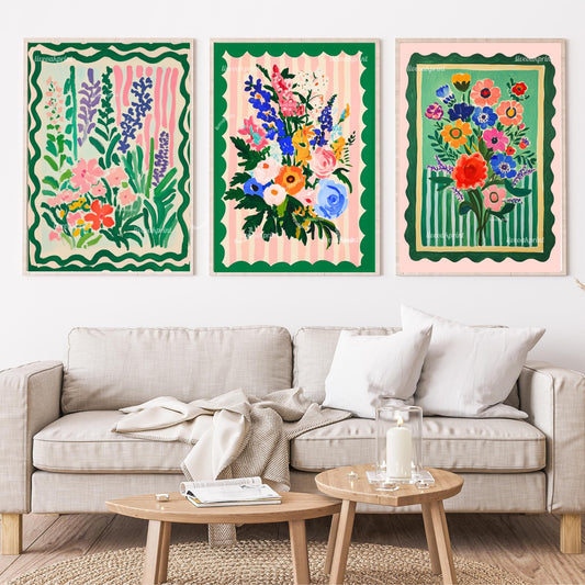 Set of Three Pink and Green Floral Art Prints : Triptych Wall Art Set Boho Dopamine Decor