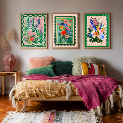 Set of Three Pink and Green Floral Art Prints : Triptych Wall Art Set Boho Dopamine Decor