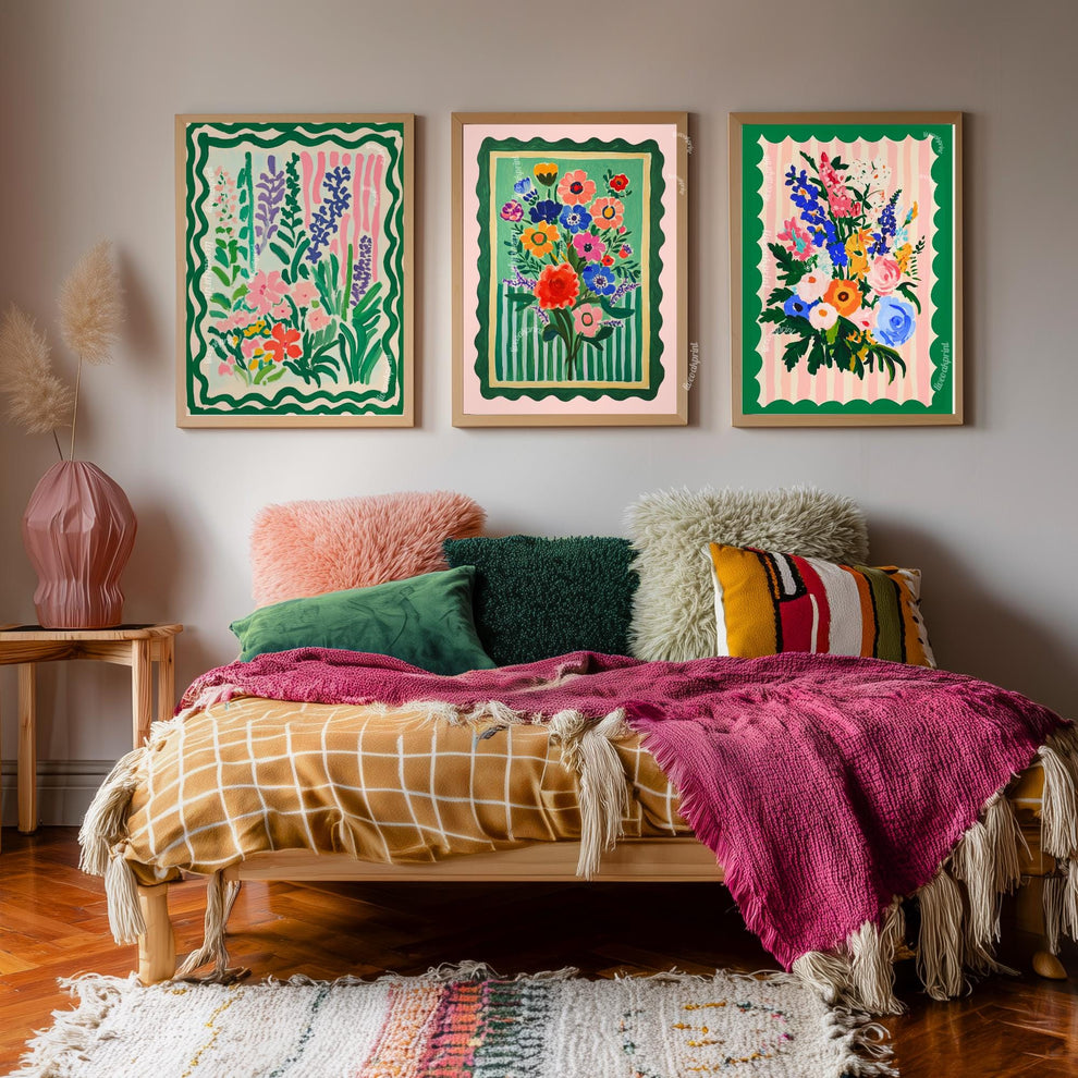 Set of Three Pink and Green Floral Art Prints : Triptych Wall Art Set Boho Dopamine Decor