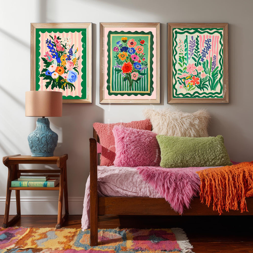 Set of Three Pink and Green Floral Art Prints : Triptych Wall Art Set Boho Dopamine Decor