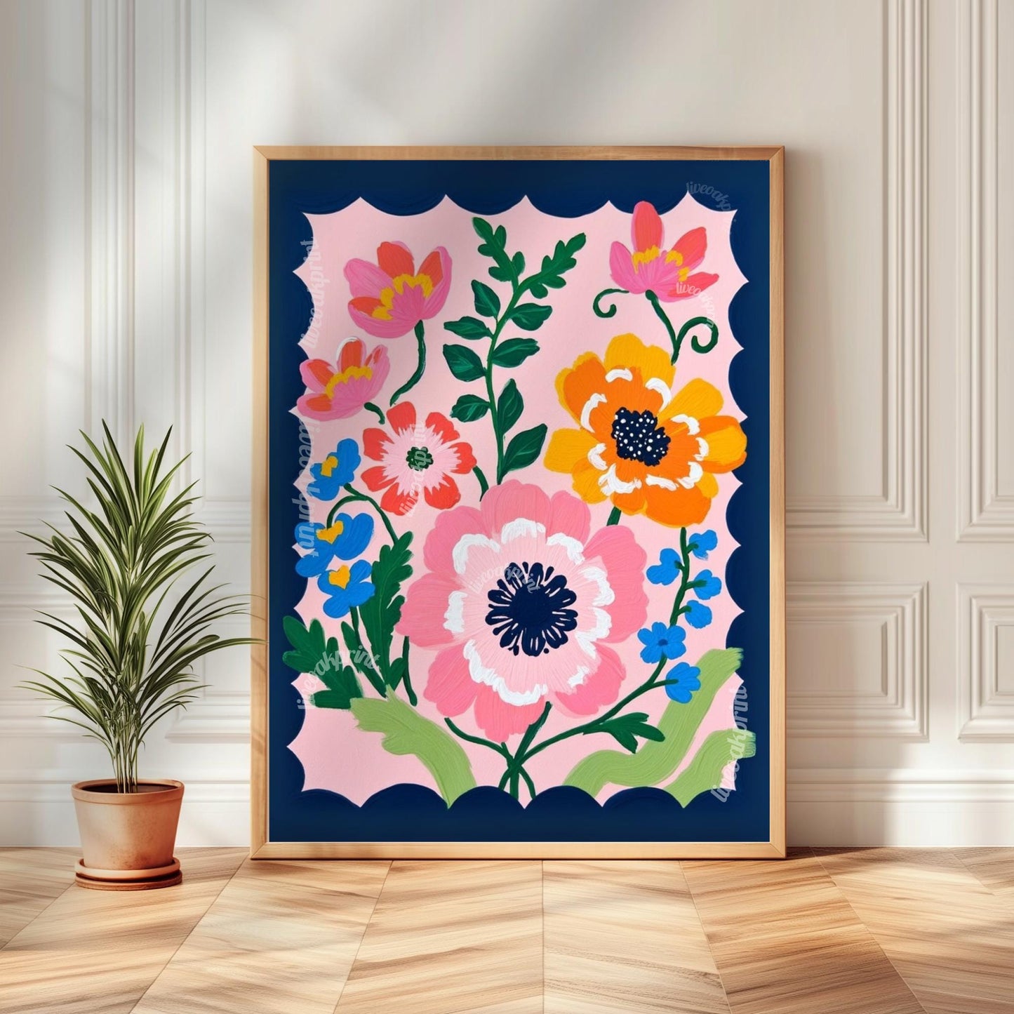 Pink and Navy Floral Wall Art Set of Three : Flower Triptych Print Set Boho Decor