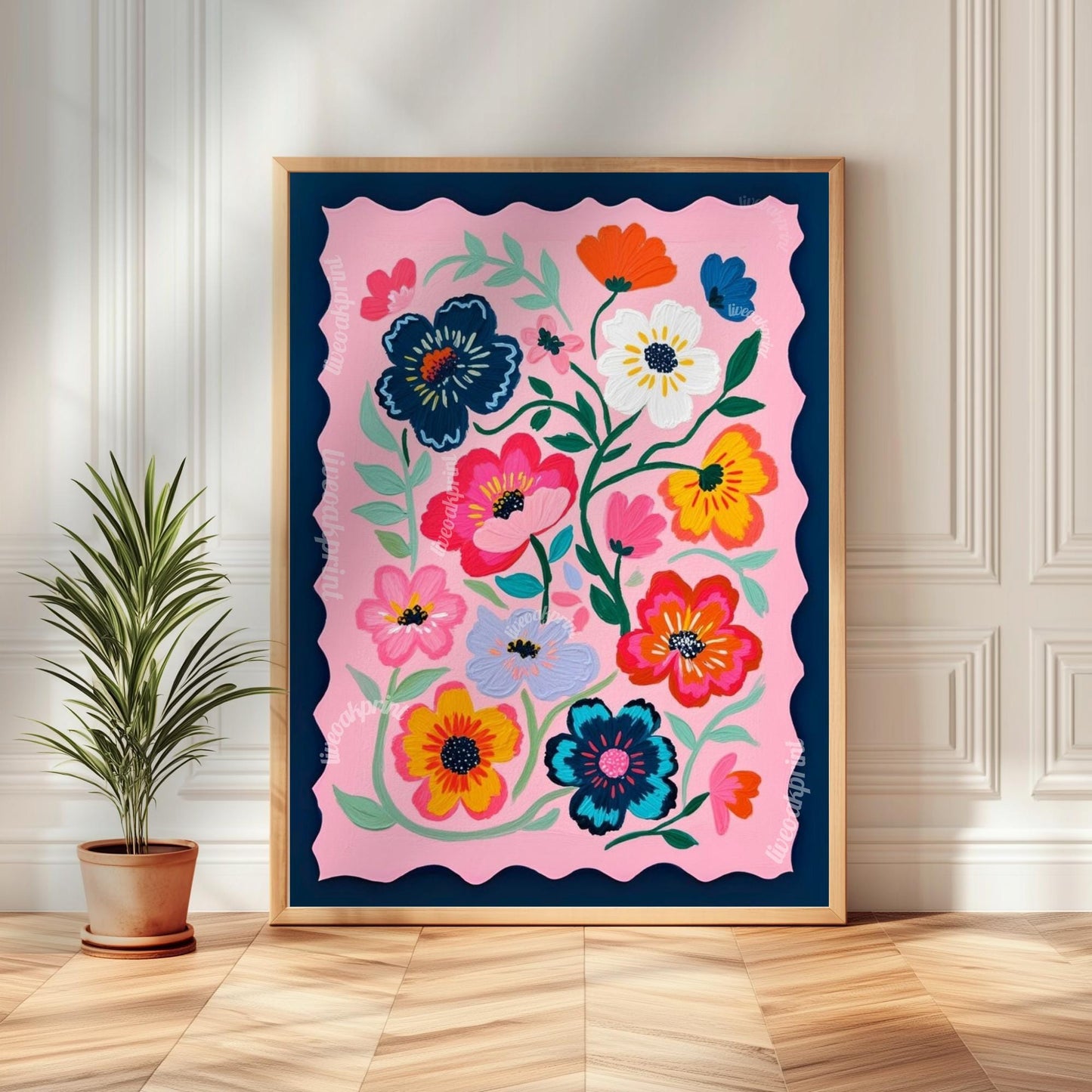 Pink and Navy Floral Wall Art Set of Three : Flower Triptych Print Set Boho Decor