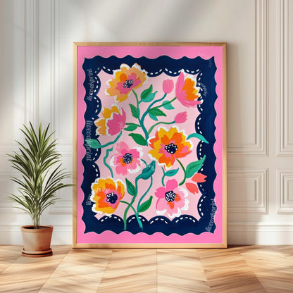 Pink and Navy Floral Wall Art Set of Three : Flower Triptych Print Set Boho Decor
