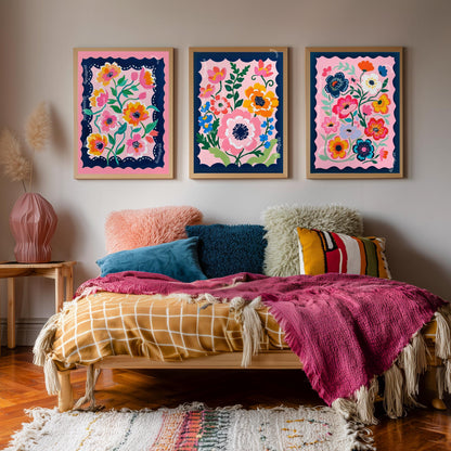 Pink and Navy Floral Wall Art Set of Three : Flower Triptych Print Set Boho Decor