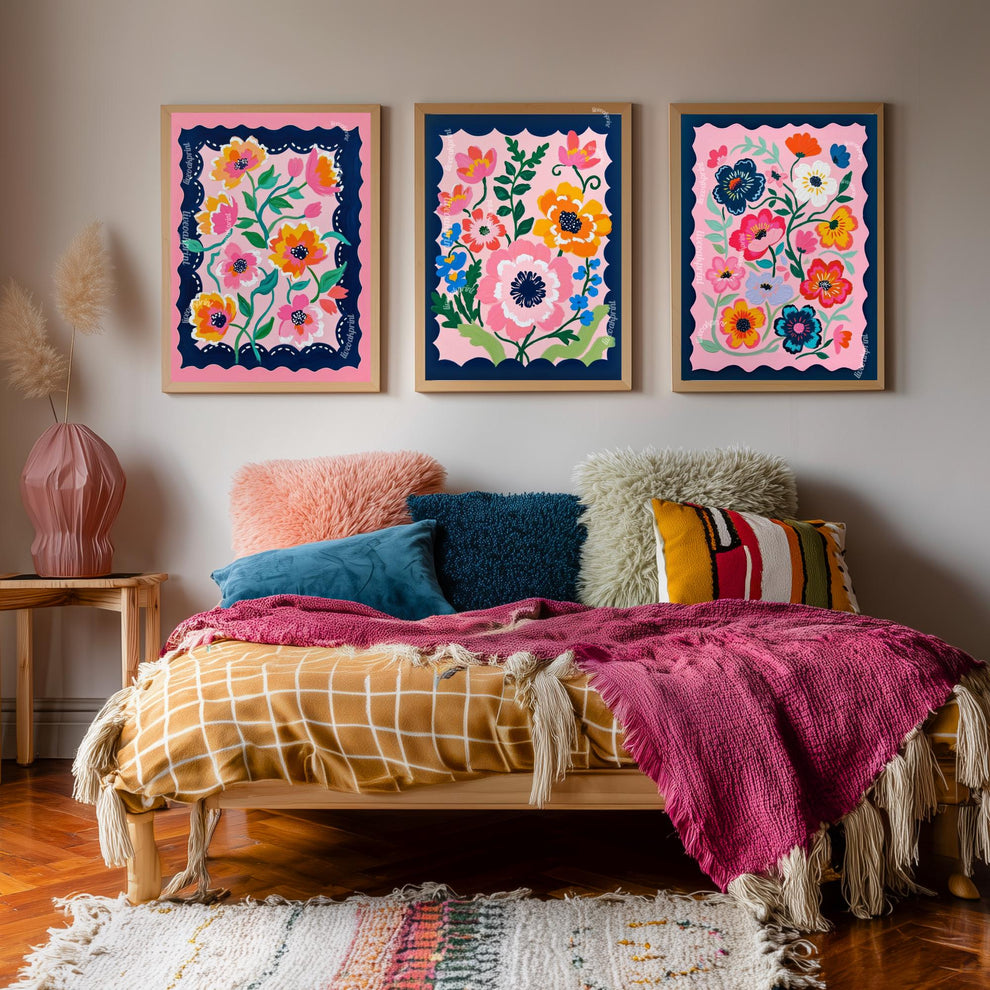 Pink and Navy Floral Wall Art Set of Three : Flower Triptych Print Set Boho Decor