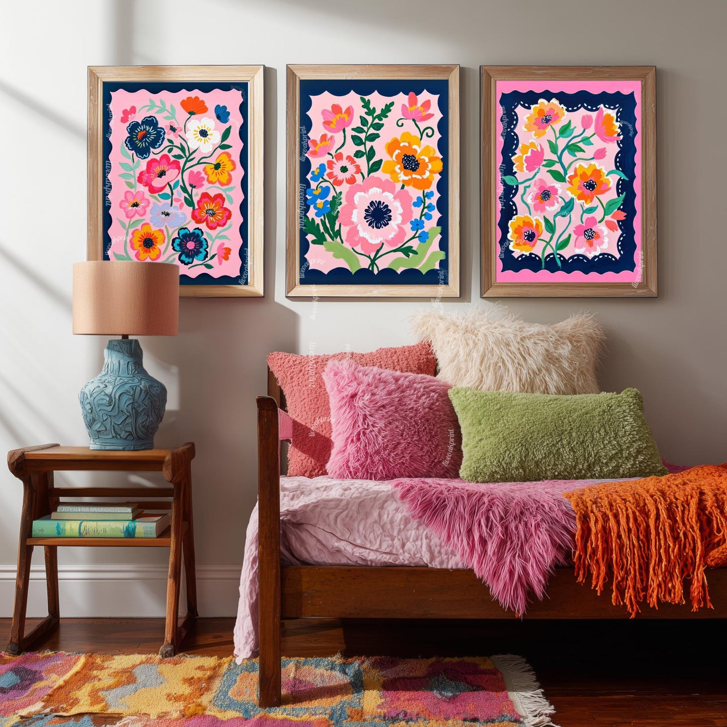 Pink and Navy Floral Wall Art Set of Three : Flower Triptych Print Set Boho Decor