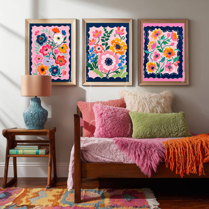 Pink and Navy Floral Wall Art Set of Three : Flower Triptych Print Set Boho Decor