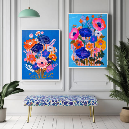 Bold Blue Floral Wall Art Set of 2 – Colorful Boho Flower Prints Bright Maximalist Art for Living Room