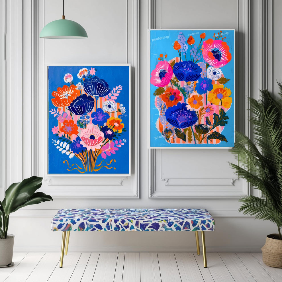 Bold Blue Floral Wall Art Set of 2 – Colorful Boho Flower Prints Bright Maximalist Art for Living Room