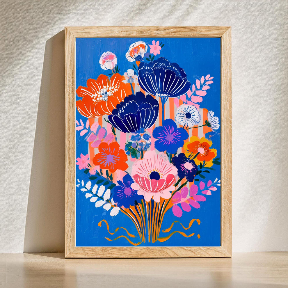 Bold Blue Floral Wall Art Set of 2 – Colorful Boho Flower Prints Bright Maximalist Art for Living Room