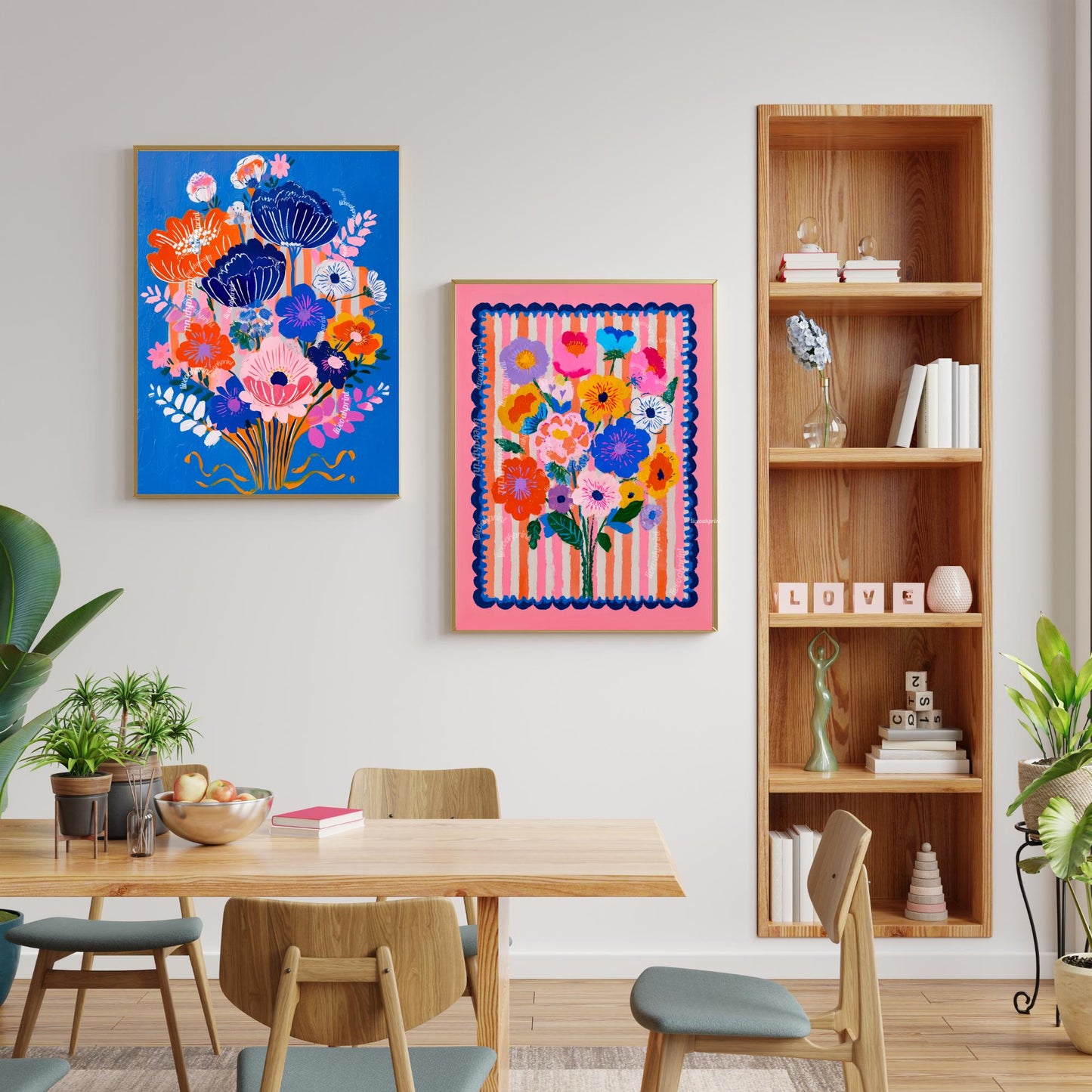 Bold Blue Floral Print - Funky Wall Art For Living Room Boho Pink and Blue
