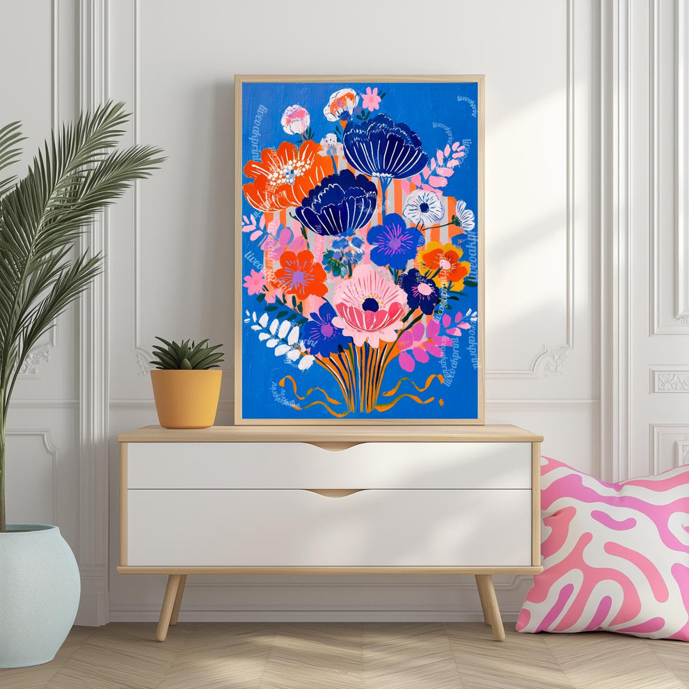 Bold Blue Floral Print - Funky Wall Art For Living Room Boho Pink and Blue