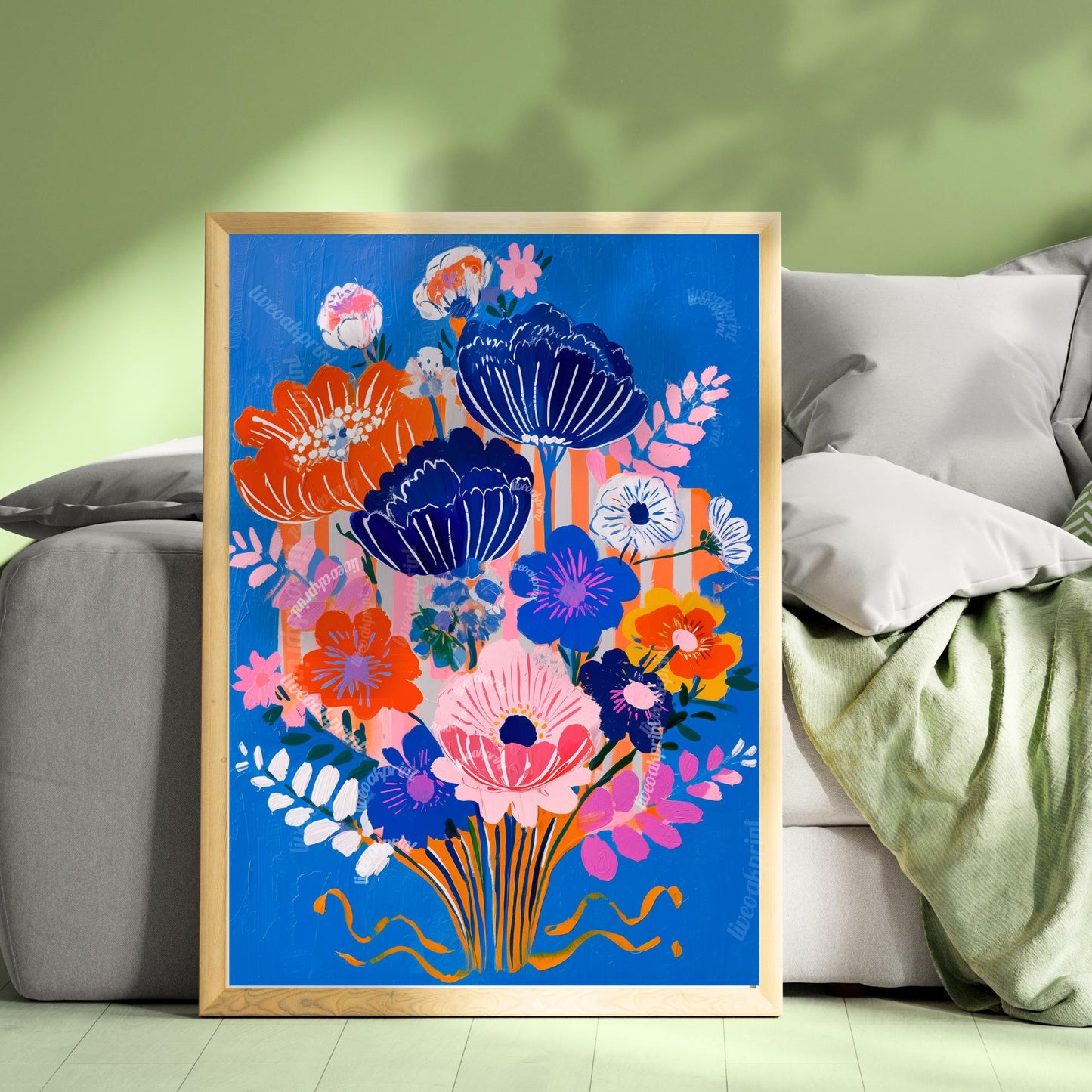 Bold Blue Floral Print - Funky Wall Art For Living Room Boho Pink and Blue