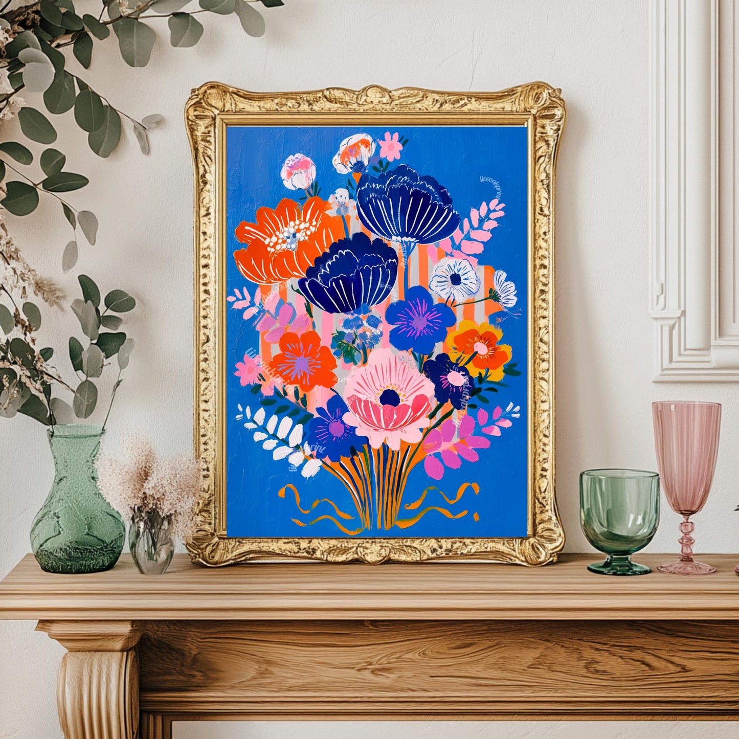Bold Blue Floral Print - Funky Wall Art For Living Room Boho Pink and Blue