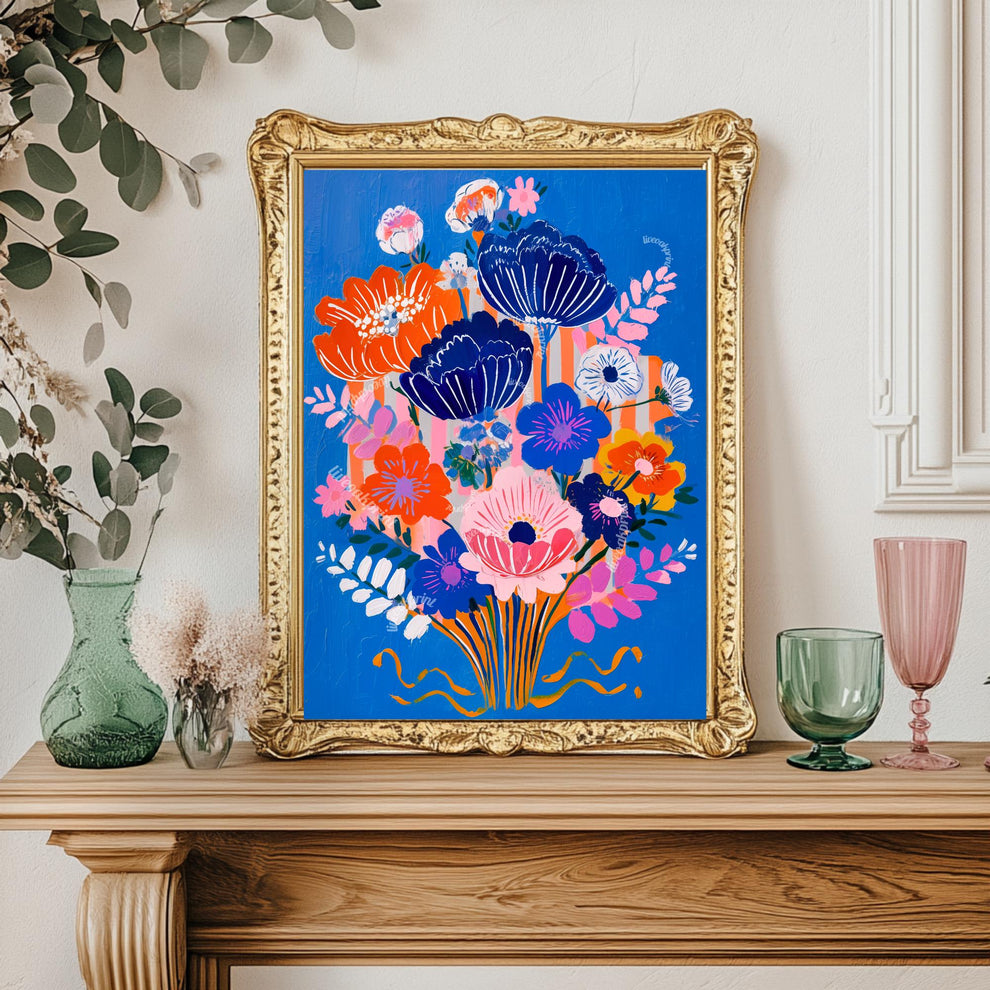 Bold Blue Floral Print - Funky Wall Art For Living Room Boho Pink and Blue