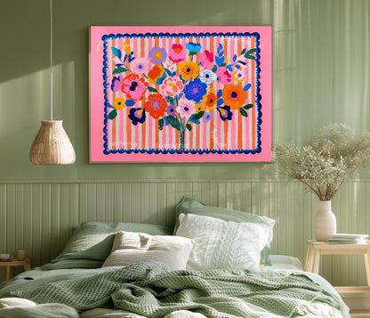 Pink Maximalist Floral Wall Art: Horizontal Wall Decor Over Bed Art or Over Couch Print