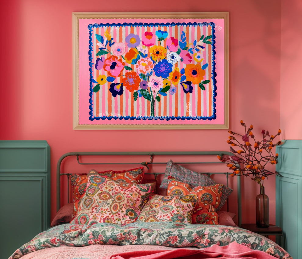 Pink Maximalist Floral Wall Art: Horizontal Wall Decor Over Bed Art or Over Couch Print