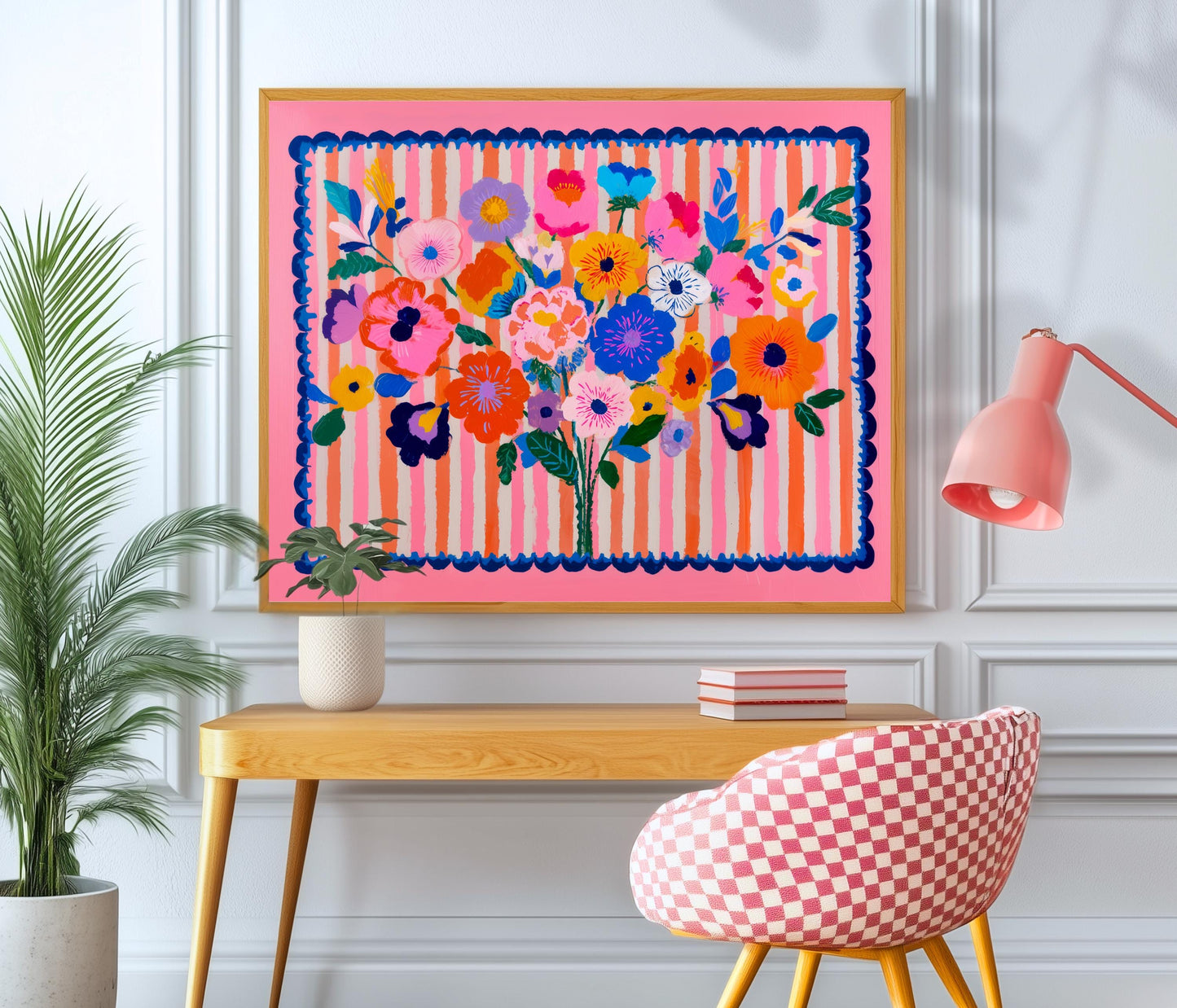 Pink Maximalist Floral Wall Art: Horizontal Wall Decor Over Bed Art or Over Couch Print
