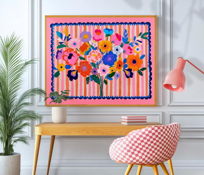 Pink Maximalist Floral Wall Art: Horizontal Wall Decor Over Bed Art or Over Couch Print