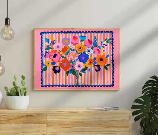 Pink Maximalist Floral Wall Art: Horizontal Wall Decor Over Bed Art or Over Couch Print