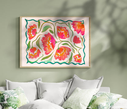 Pink Horizontal Floral Wall Art – Boho Over Bed Decor, Bright Flower Print for Living Room or Bedroom, Dopamine Home Decor
