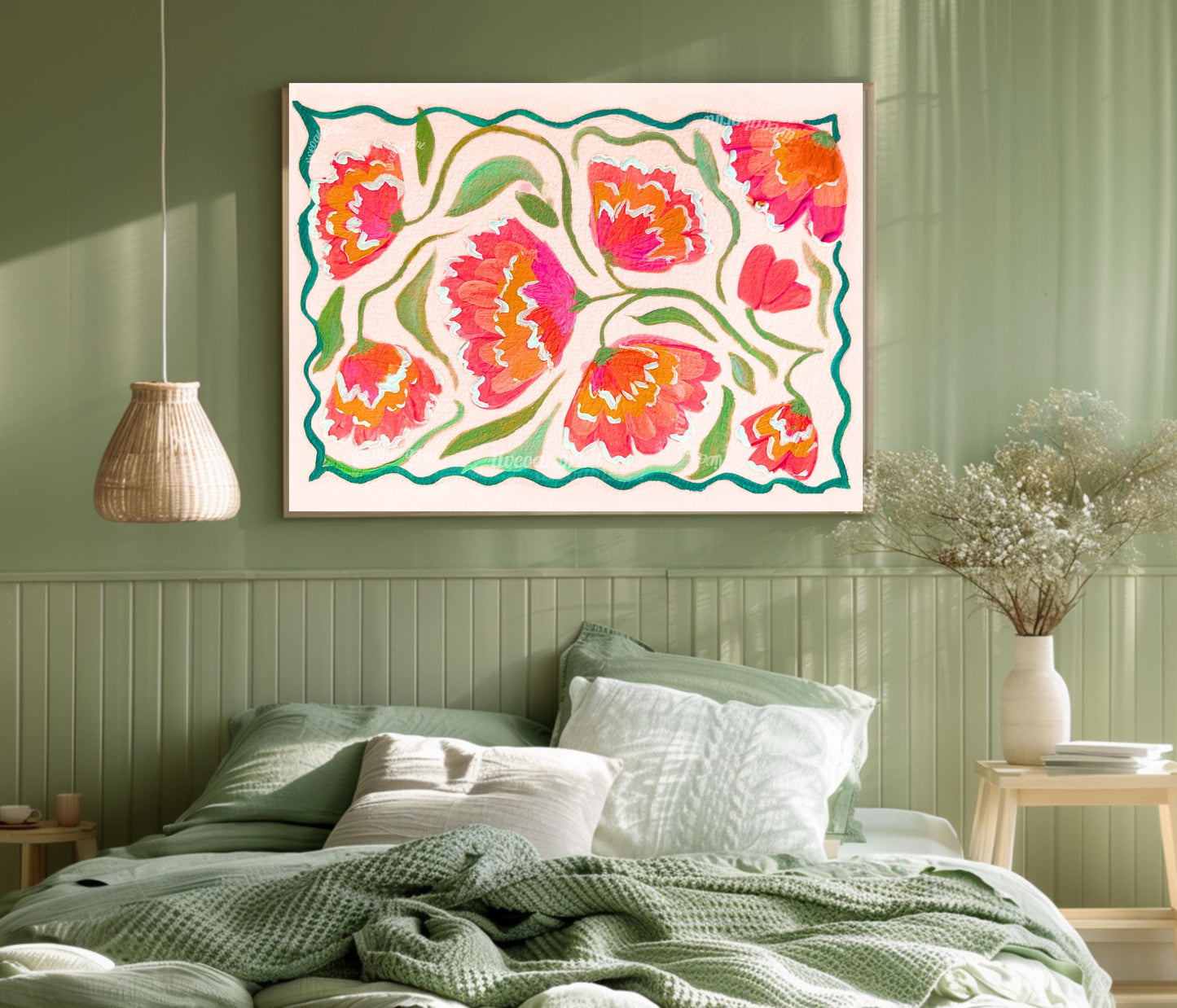 Pink Horizontal Floral Wall Art – Boho Over Bed Decor, Bright Flower Print for Living Room or Bedroom, Dopamine Home Decor