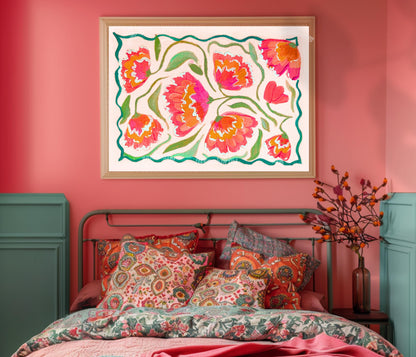 Pink Horizontal Floral Wall Art – Boho Over Bed Decor, Bright Flower Print for Living Room or Bedroom, Dopamine Home Decor