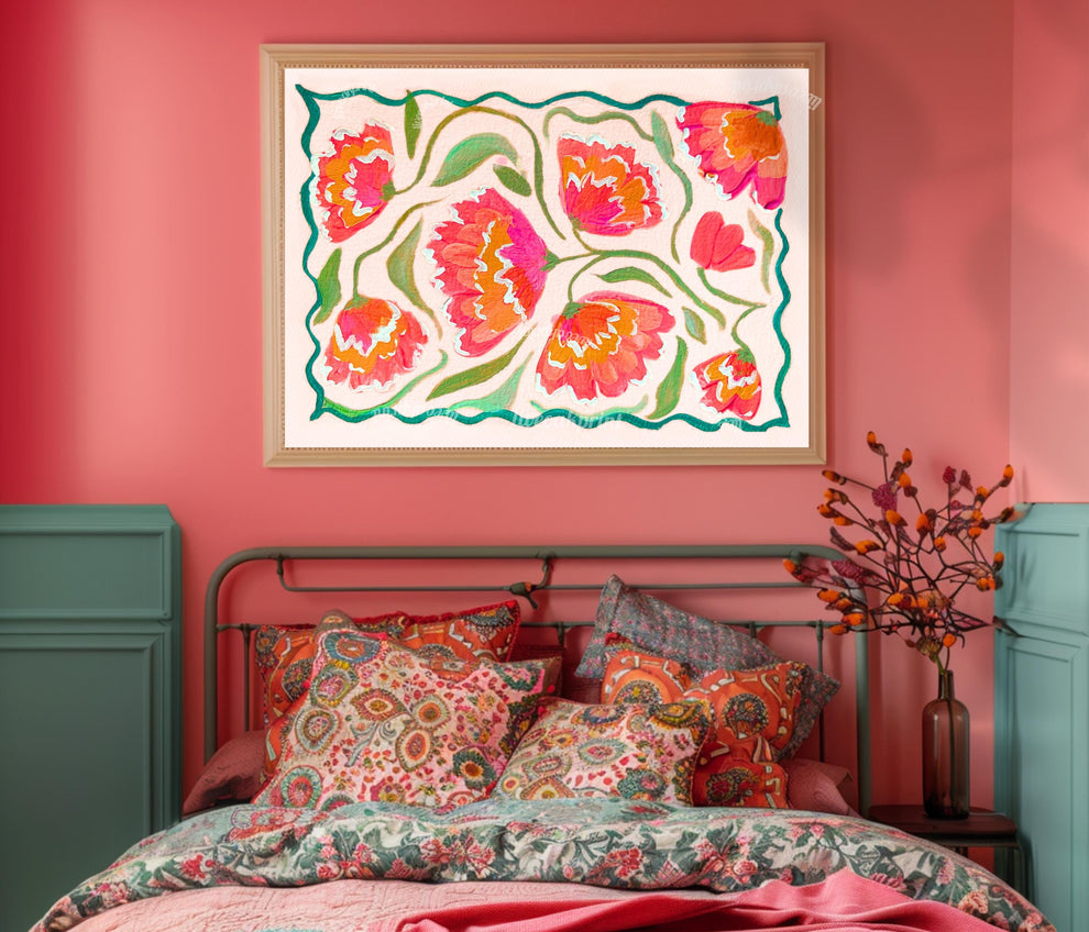 Pink Horizontal Floral Wall Art – Boho Over Bed Decor, Bright Flower Print for Living Room or Bedroom, Dopamine Home Decor