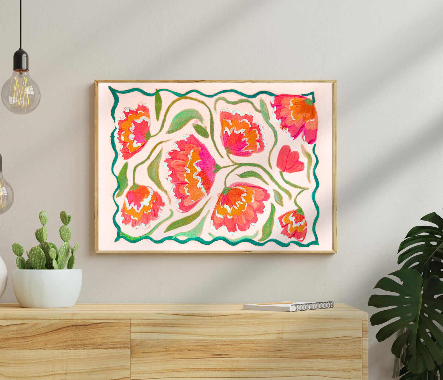 Pink Horizontal Floral Wall Art – Boho Over Bed Decor, Bright Flower Print for Living Room or Bedroom, Dopamine Home Decor